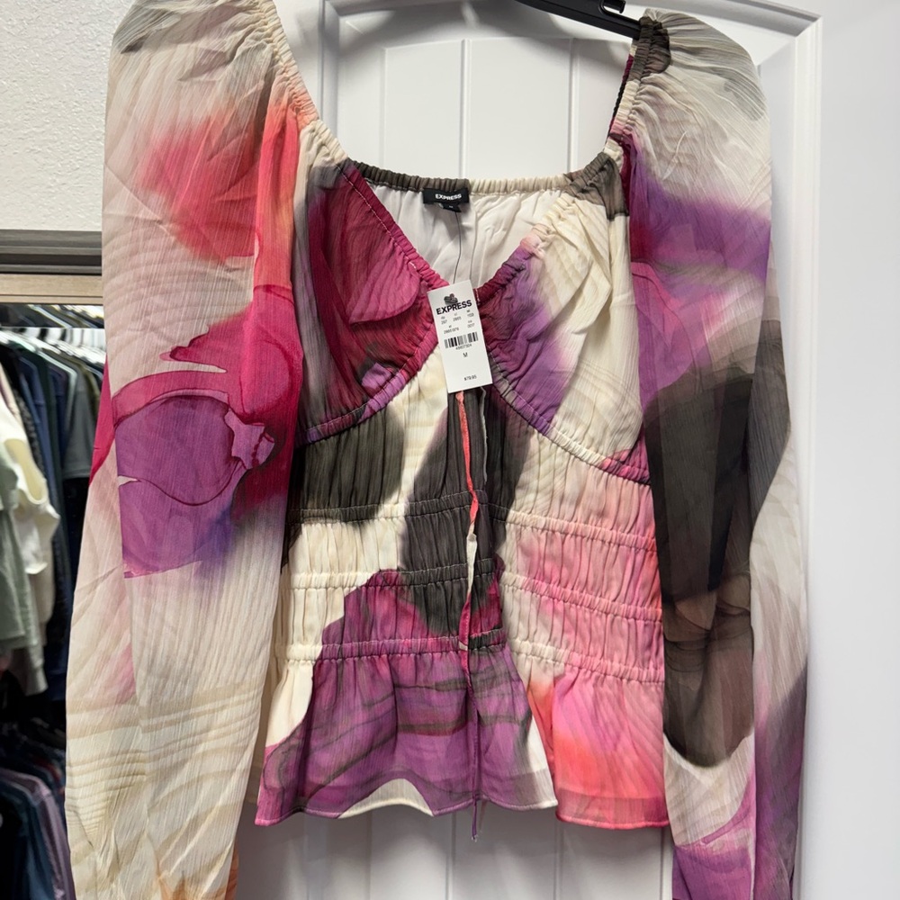 Express Pink and Purple Smocked Long Sleeve Blouse
